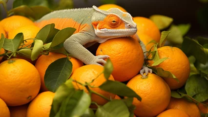 Fototapeten A chameleon with protective colors among oranges © 대연 김