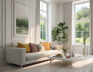 Minimalist living room in white color with sofa and summer landscape in window. Scandinavian interior design