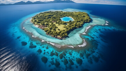 A beautiful view of a small island surrounded by coral reefs in the South Pacific as seen from the air