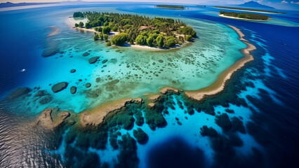 Fototapeta premium A beautiful view of a small island surrounded by coral reefs in the South Pacific as seen from the air