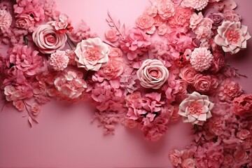 Romantic floral wall with elegant flowers on a bright pink background. 3D rendered arrangement. Generative AI