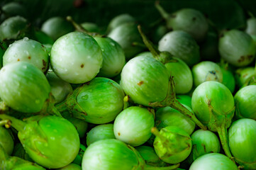 Fresh eggplants on the market stall