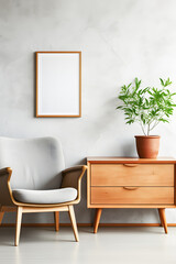 wooden cabinet, a dressing table and a concrete wall with a blank poster frame. With photocopy area Scandinavian style interior design of modern living room