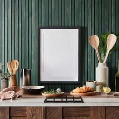 Mock up poster frame in kitchen interior and accessories with dark green wooden slatted wall background. - obrazy, fototapety, plakaty