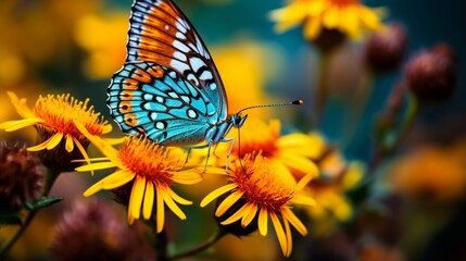 Obraz premium A close-up of a delicate butterfly resting on a vibrant wildflower.