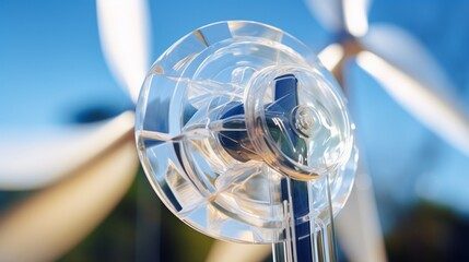 A close-up of a transparent acrylic wind turbine gracefully turning.