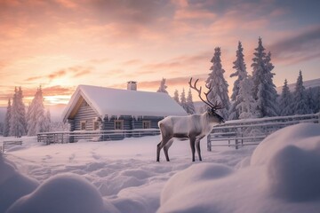 Reindeer in snowy Lapland, with a picturesque winter landscape and cozy cabin. Generative AI