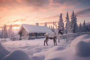 Zelfklevend Fotobehang Reindeer in snowy Lapland, with a picturesque winter landscape and cozy cabin. Generative AI © Theron