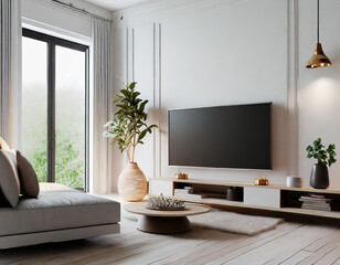 Mockup a TV wall mounted with decoration in living room and white wall.