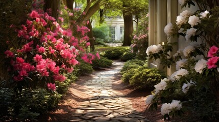 A hidden corner of the garden with blooming azaleas in full splendor. - obrazy, fototapety, plakaty