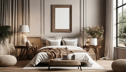 Mockup frame in bedroom interior background, d render 