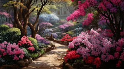 Keuken spatwand met foto A hidden corner of the garden with blooming azaleas in full splendor. © Qayyum