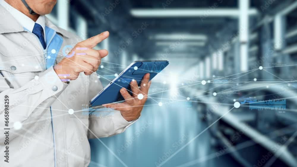 Fototapete engineers using tablet at the factory and digital network concept.