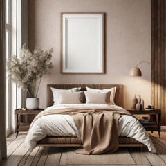 Mockup frame in bedroom interior background, d render