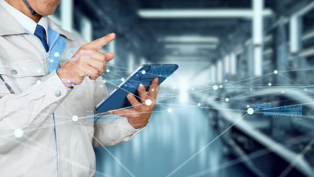 Engineers using tablet at the factory and digital network concept.