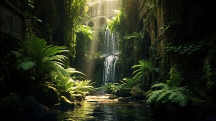 A lush fern grotto with sunlight filtering through the fronds.