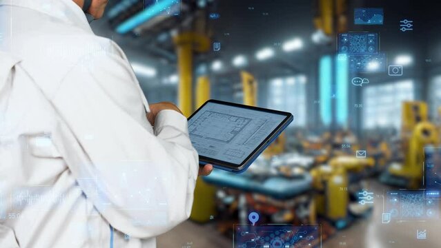 Engineer using tablets at the factory and digital data concept.
