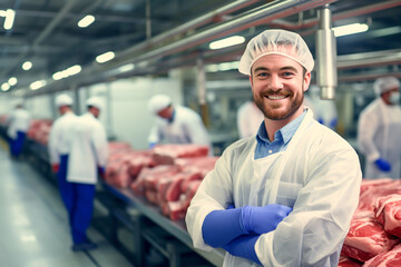 SMILING FOREMAN AT MEAT PROCESSING PLANT, HORIZONTAL IMAGE. image created by legal AI