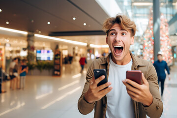 YOUNG ADULT MAN REJOICES AT A MESSAGE RECEIVED ON A SMARTPHONE IN A SHOPPING MALL. image created by legal AI 