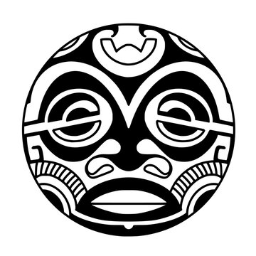 Polynesian sun face maori tattoo style.  Pattern aboriginal samoan. Black and white texture, isolated vector.