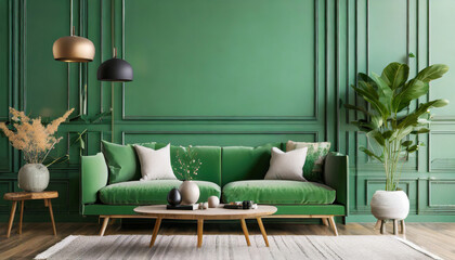 Mockup green wall with green sofa and decor in living room