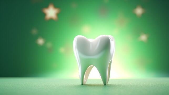 Teeth whitening. Cleaning the tooth from tartar with green background. Generative AI