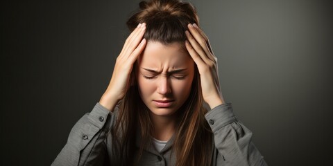 woman with migraine headache holding her head having pain, generative AI