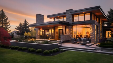 Contemporary Home Exterior with Colorful Sunset