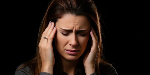 woman with migraine headache holding her head having pain, generative AI