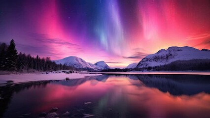 A captivating aurora graces the celestial realm, infusing elegance into the ethereal winter landscape near the lake and mountains