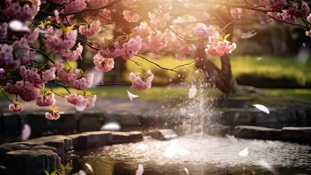 In a stunning garden, a cherry blossom tree thrives, its soft-focus blossoms evoke wonder and romance