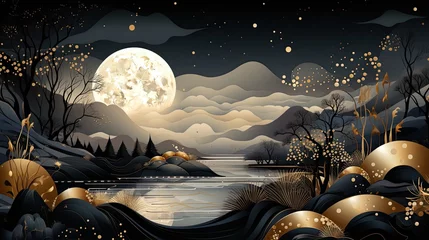 Fotobehang AI-generated landscape illustration of a magical night by the lake in the mountains. MidJourney. © EAStevens