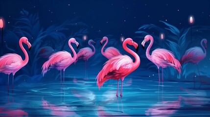 Dark blue luxury art background with flamingo birds generative ai