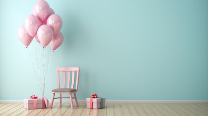 Pastel color room fill with baloons and presents. - Powered by Adobe
