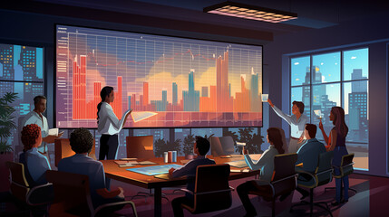夜景のオフィスでのデータ分析ミーティング：チームとテクノロジーの融合