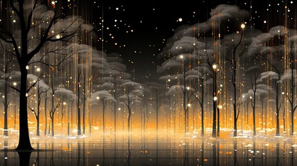 AI-generated landscape illustration of a glowing twilight and precipitation among the trees. MidJourney.