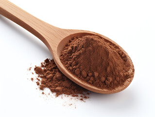 Chocolate powder on a wooden spoon on white background.