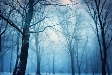 Silhouette of trees in blue fog with snow covering them, creating an atmospheric winter scene. A seasonal banner. Generative AI