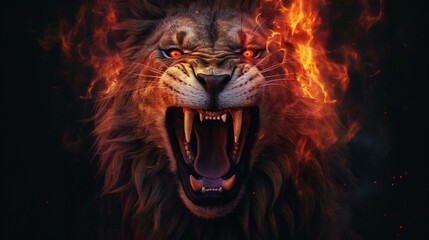 Image of an angry lion and flames Wildlife Animals generative ai - obrazy, fototapety, plakaty