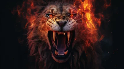 Fotobehang Image of an angry lion and flames Wildlife Animals generative ai © Rohit