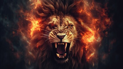 Image of an angry lion and flames Wildlife Animals generative ai