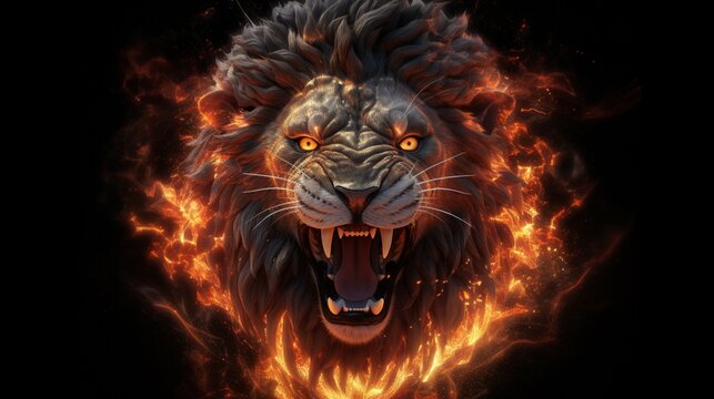 Image of an angry lion and flames Wildlife Animals generative ai