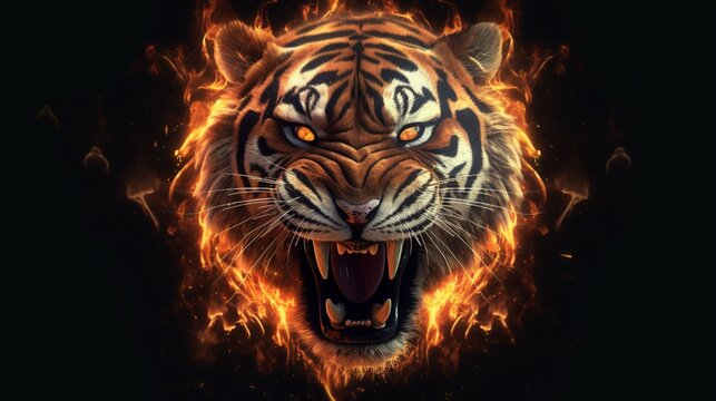 Image of an angry tiger with flames Wildlife Animals generative ai