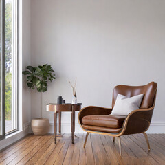 Modern mid century and minimalist interior of living room ,leather armchair with table on white wall and wood floor