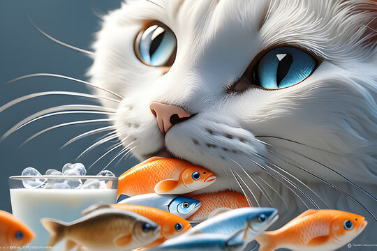 white cat eating a slamon web page PPT wallpaper background powerpoint	
