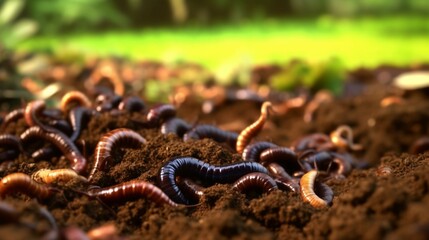 Many living earthworms for fishing in the soil background generative ai - obrazy, fototapety, plakaty
