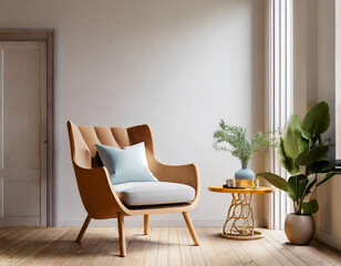Modern minimalist interior with an armchair on empty white color wall background.