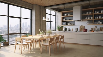 Fototapeta na wymiar Modern spacious minimalistic kitchen with loft element generative ai