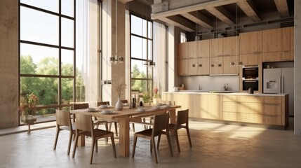 Modern spacious minimalistic kitchen with loft element generative ai