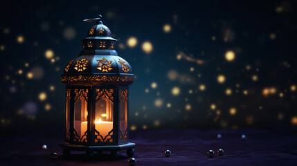 Fototapeta na wymiar Glowing arabic lantern with a blur background. Ramadan kareem concept.
